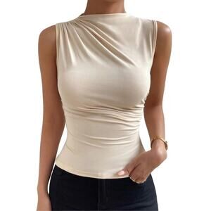 SHEIN Frenchy Beige Mock Neck Ruched Top